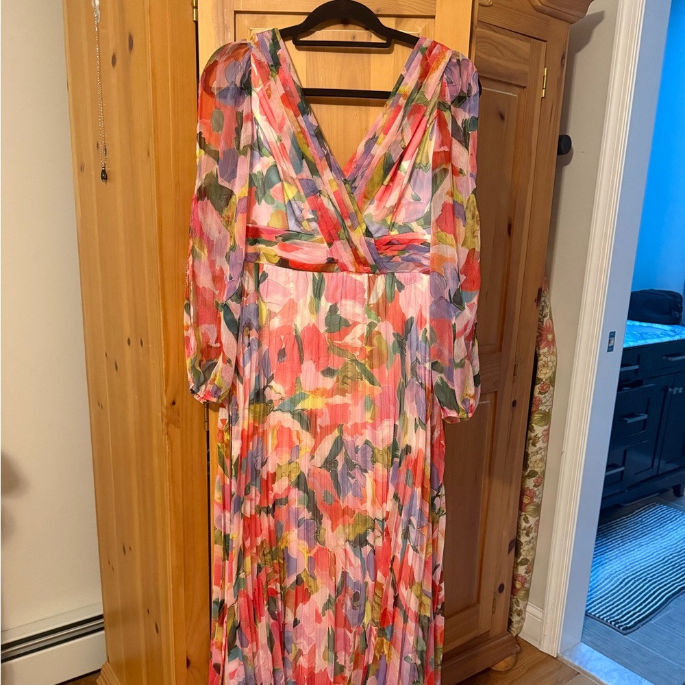 Betsy & Adam Pink and Orange V-Neck long floral dress